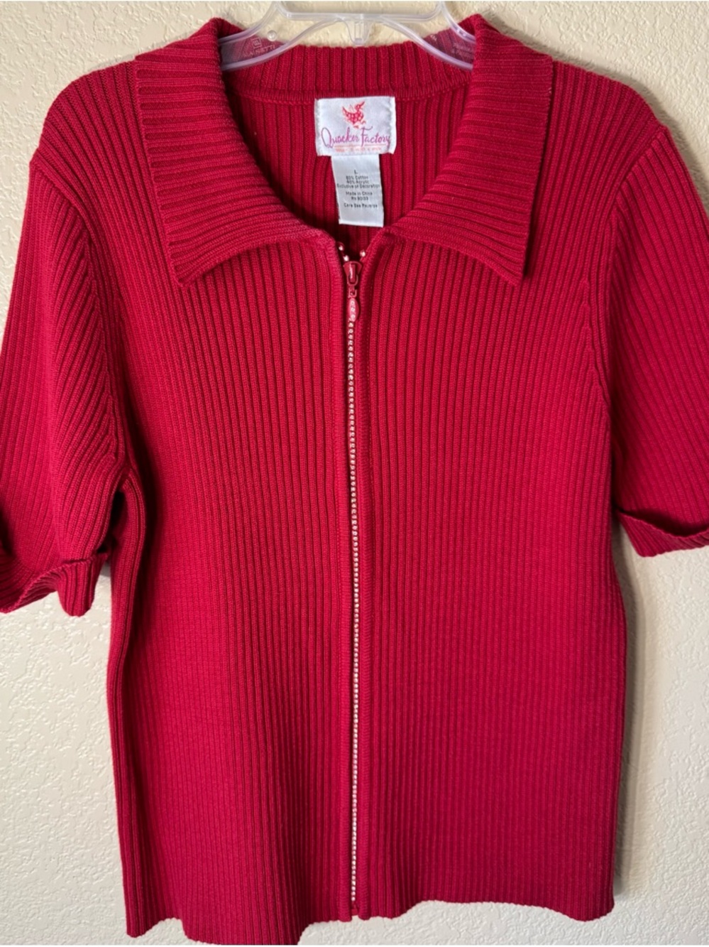 Women’s The Quacker Factory Short Sleeve Ribbed Rhinestone Zipper Sweater Sz Lg